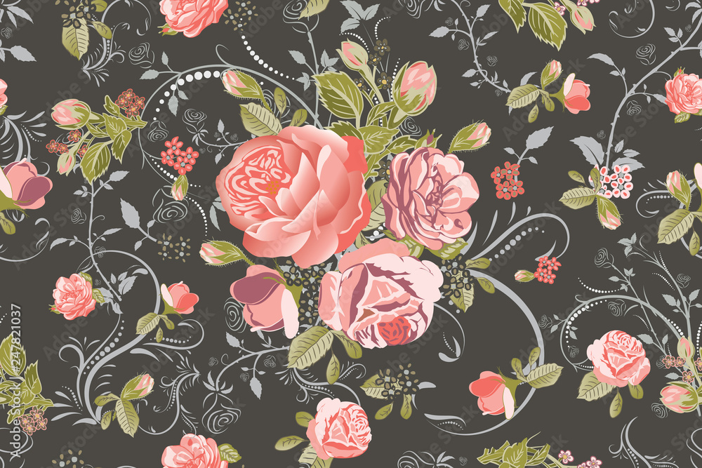 custom made wallpaper toronto digitalLiving Coral Rose Bouquet with Floral Swirls Repeat Seamless Pattern Illustrations