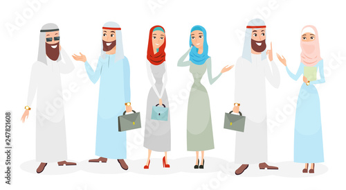 Vector illustration set of Arab muslim businessman and businesswoman talking. Muslim people teamwork. Arabic characters in traditional clothes in cartoon flat style.
