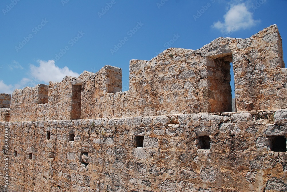 The remains of the medieval Crusader Knights castle above Chorio on the Greek island of Halki.