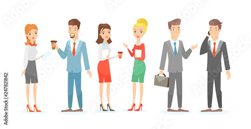 Vector illustration set of business characters. Talking colleagues, businessman and businesswoman handshake, teamwork concept in flat cartoon style.