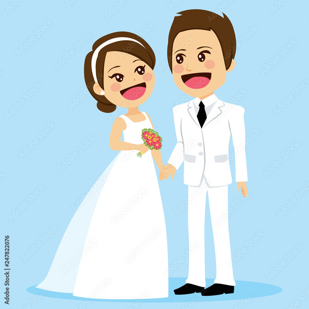 Illustration of cute couple in white dress on wedding day holding hands looking each other tenderly with love Illustration of cute couple in white dress on wedding day holding hands looking each other tenderly with love