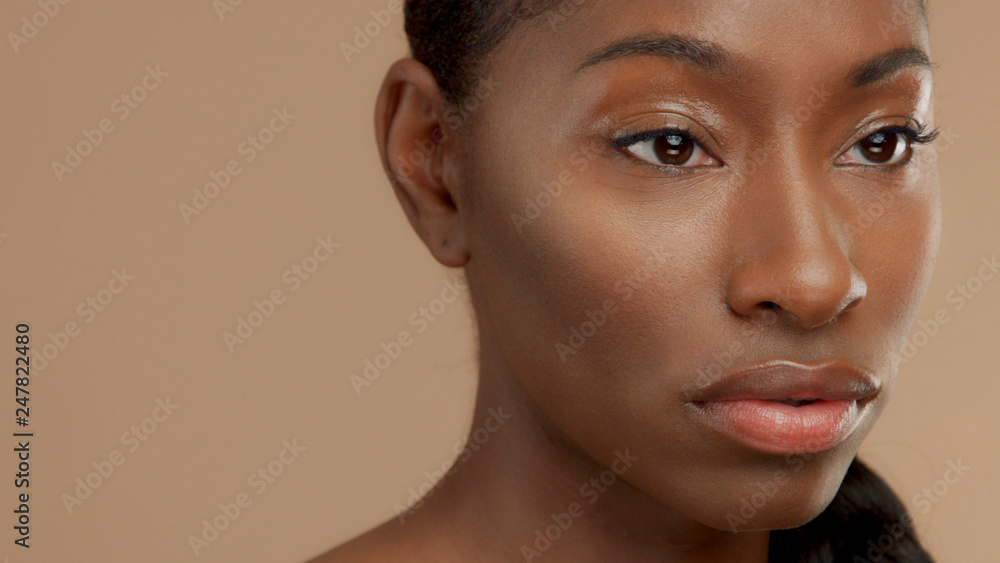 closeup portrait of mixed race black woman watching aside. Ideal skin, natural makeup, shiny glossy eyelids closeup portrait of mixed race black woman watching aside. Ideal skin, natural makeup, shiny glossy eyelids