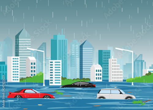 Vector illustration of flood natural disaster in cartoon modern city with skyscrapers and cars in water. Storm in the city, landscape background for web banner in flat style.