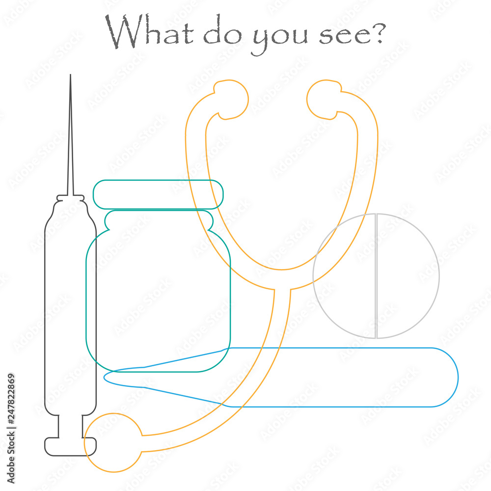 Fototapeta premium Find hidden objects on the picture, medicine theme - pill, stethoscope, syringe, thermometer, mishmash contour set, fun education game for kids, preschool activity for children, vector illustration