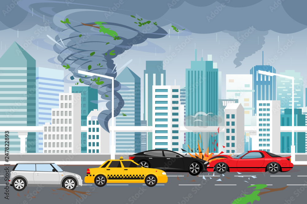 Obraz premium Vector illustration of swirling tornado and flood, thunderstorm in big modern city with skyscrapers. Hurricane in city, car crash, danger concept in flat style.