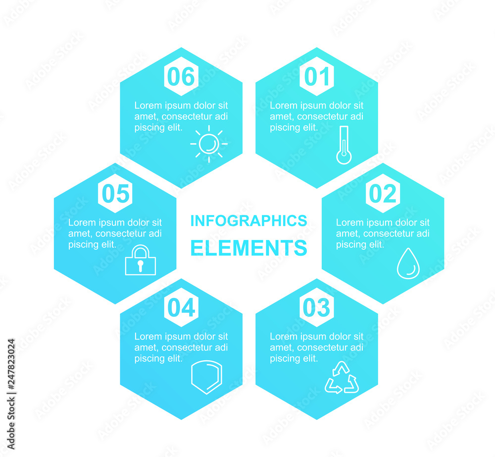 Vector illustration of chart template with blue gradient isolated on white background. Infographic diagram with ecological icons in six options. Vector illustration of chart template with blue gradient isolated on white background. Infographic diagram with ecological icons in six options.