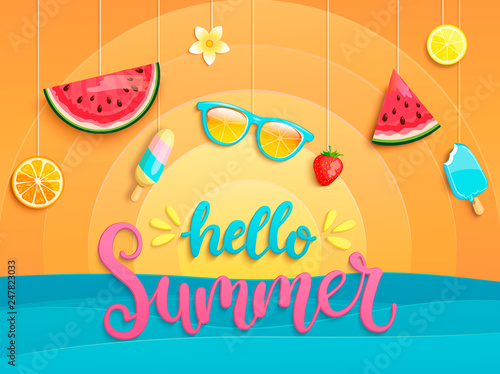 Hello Summer greeting banner with sea, sun and symbols for summertime such as ice cream,watermelon,strawberries,glasses.Lettering for template card, wallpaper,flyer,invitation, poster,brochure.Vector