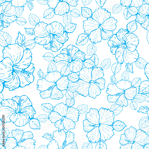 Saemless pattern with hibiscus flower on white, vector illustration