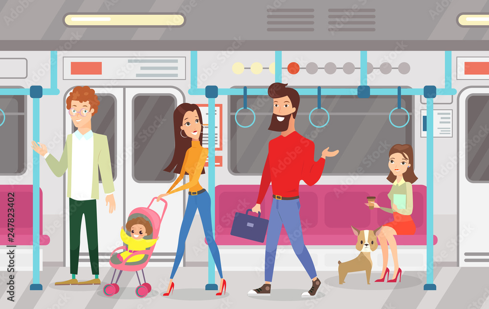 Vector illustration of people in subway underground train. Interior of  subway with commuting passengers, sitting and talking women, standing woman  and man with kid in cartoon flat style. Stock Vector | Adobe