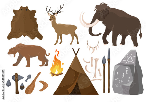Vector illustration of big set of elements of stone age attributes. Primitive ice age elements. Stone age. Hunting tools, mammoth, wigwam and animals bones and skin for anicent time concept in flat