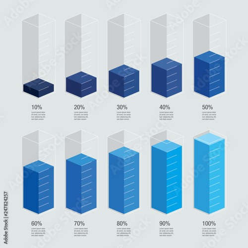 Blue gradient isometric chart bars, liquid histogram glass template, 10% to 100%. Flat design infocharts infographics display with text, ui ux app web concept vector eps isolated on white background