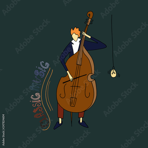 Vector illustration. Stylized guy playing the cello. Doodle style sketch.
