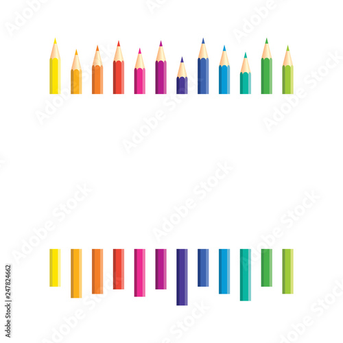 Colored pencils arranged in a row with copy space for note  text  on white background. Rainbow colors. Bright print.