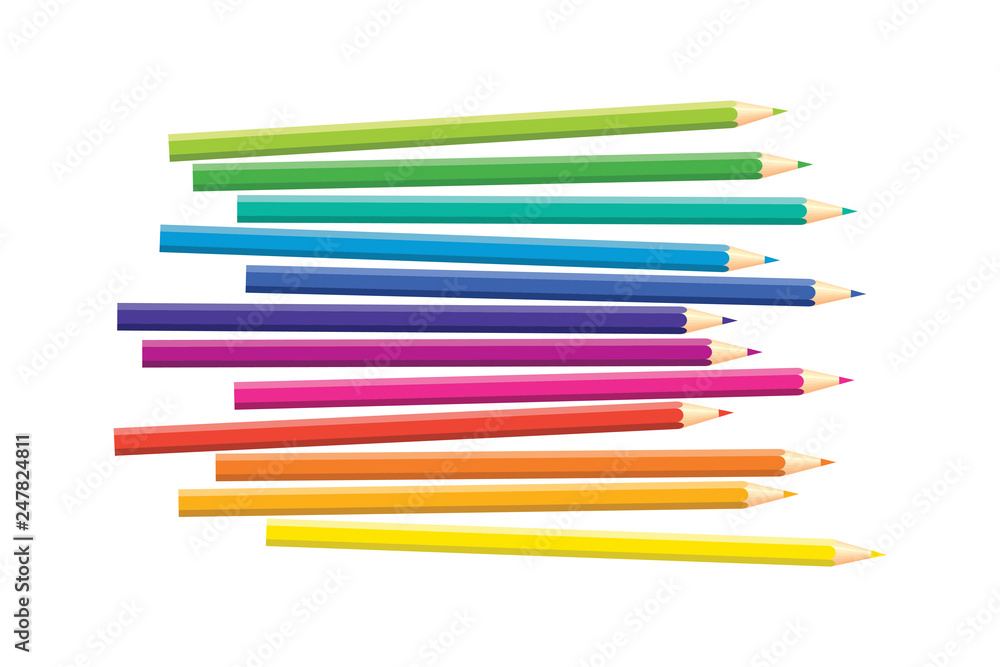 Set of isolated colored pencils on white background. Rainbow colors. Yellow, orange, blue, green, pink, purple, red. Set of isolated colored pencils on white background. Rainbow colors. Yellow, orange, blue, green, pink, purple, red.