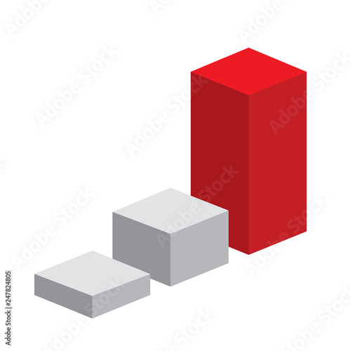 Red white isometric graphic statistical bar icon, 3 columns step, inforchart infographic box display, interface isometric cube concept vector for ui ux app web banner isolated on white background
