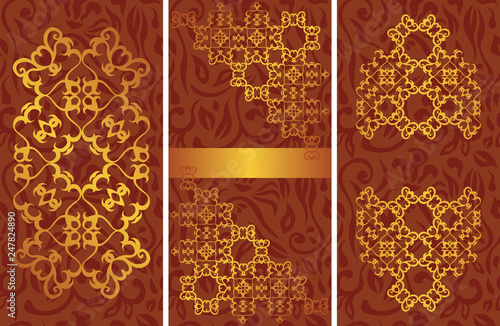 Set of three templates of stylish cards with floral gold decoration. Floral seamless background. Can be used for your design
