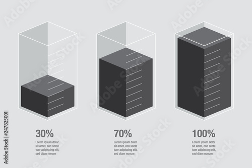 Black  isometric chart bars, liquid histogram glass template, 30% 70% 100%. Flat design infocharts / infographics with text, app ui ux web banner button,  vector eps 10 isolated on white background