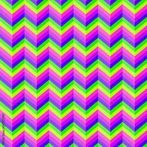 Seamless bright abstract pattern. Geometric zig zag print composed of zigzag lines green, yellow, purple, pink colours.