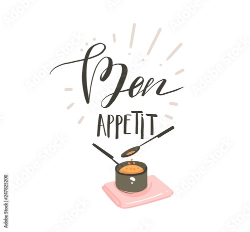 Hand drawn vector abstract modern cartoon cooking concept illustrations poster card with cream soup plate and handwritten calligraphy Bon appetit isolated on white background