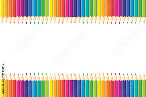 Seamless horizontal pattern. Set of isolated colored pencils arranged in a row with copy space for note, text, on white background Rainbow colors. Bright print
