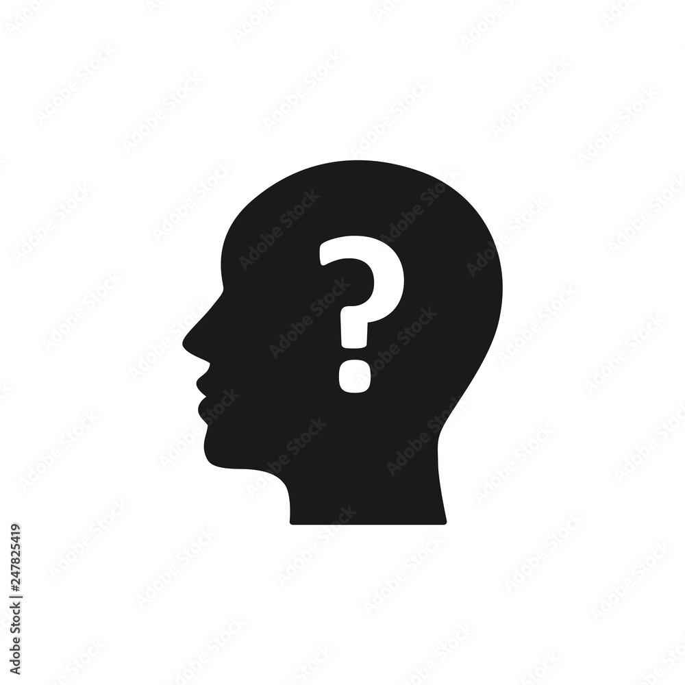 Black isolated icon of head of man and question mark on white background. Silhouette of head of man and question mark. Symbol of idea, doubt. Flat design. Black isolated icon of head of man and question mark on white background. Silhouette of head of man and question mark. Symbol of idea, doubt. Flat design.