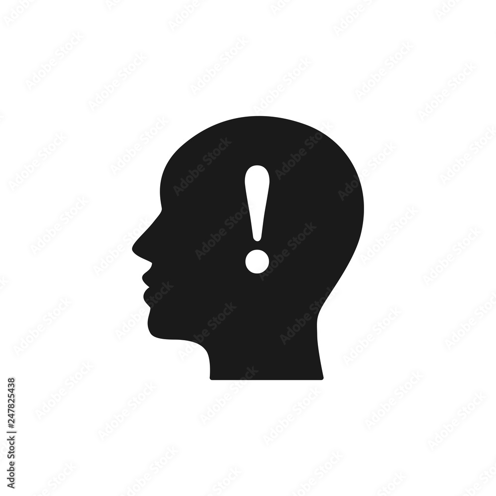 Black isolated icon of head of man and exclamation mark on white background. Silhouette of head of man and exclamation mark. Symbol of idea. Flat design. Black isolated icon of head of man and exclamation mark on white background. Silhouette of head of man and exclamation mark. Symbol of idea. Flat design.