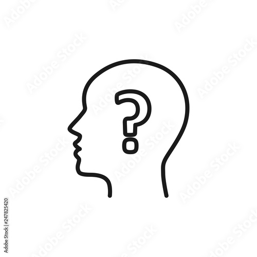 Black isolated outline icon of head of man and question mark on white background. Line icon of head of man and question mark. Symbol of idea, doubt. Flat design.