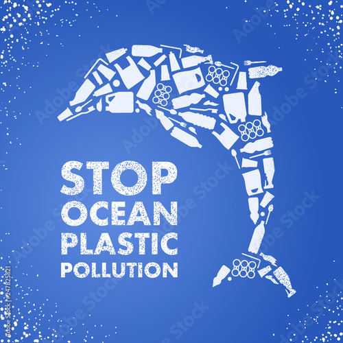 Stop ocean plastic pollution. Ecological poster Dolphin composed of white plastic waste bag, bottle on blue background.