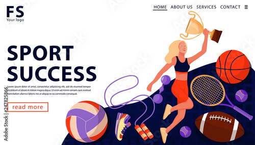 Sport award concept with with happy sport athlete holding gold award cup and sports equipment. Sport and healthy lifestyle concept. Landing page template. Vector flat illustration.