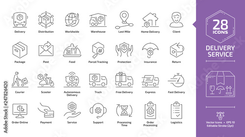 Delivery service editable stroke outline icon set with fast express package shipping, quick courier, cargo truck and van speed transport, parcel warehouse and food export silhouette line sign.