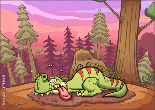 Dead cartoon Tyrannosaurus Rex dinosaur in a prehistoric background. Vector illustration with simple gradients. Some elements on separate layers. 