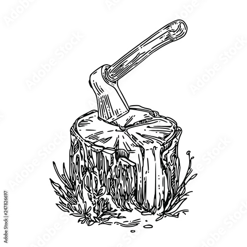 Stump with axe. Sketch. Engraving style. Vector illustration.