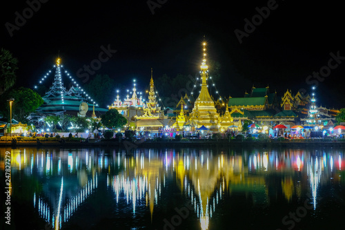  Wat Jongkham beautiful night scape refection on lake in front and street night market