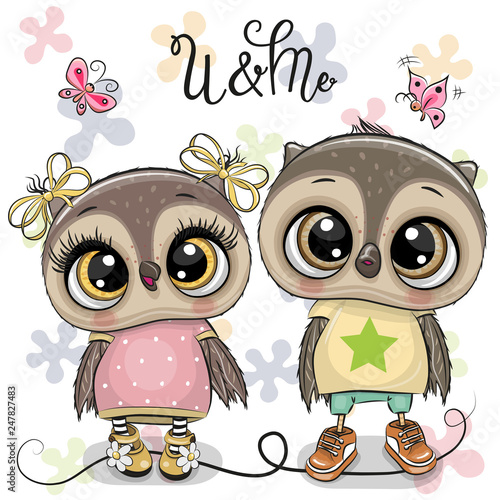 Two Cute Owls on a flowers background