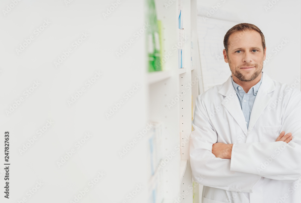 Portrait of a doctor or pharmacist with copy space