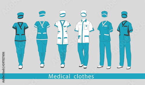 Set medical clothes suit for the man and the woman consists of a jacket and trousers. Design template medical uniform. Vector illustration.