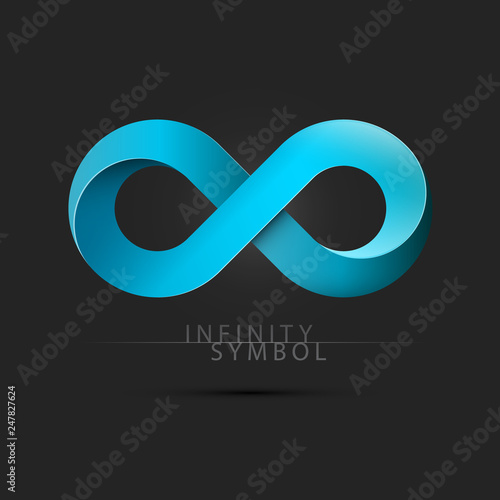 Blue 3D Infinity Symbol on Dark Background. Endless Vector Logo Design.