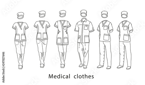 Set medical clothes suit for the man and the woman consists of a jacket and trousers. Design template medical uniform. Vector illustration.