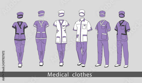 Set medical clothes suit for the man and the woman consists of a jacket and trousers. Design template medical uniform. Vector illustration.