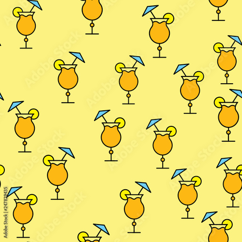 Seamless pattern of simple abstract alcoholic cocktails with juice, small umbrella and tubule in glass cups, bar icons on yellow background. Vector illustration