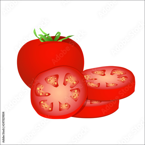 Illustration 3D d’une tomate entière et en rondelle.
