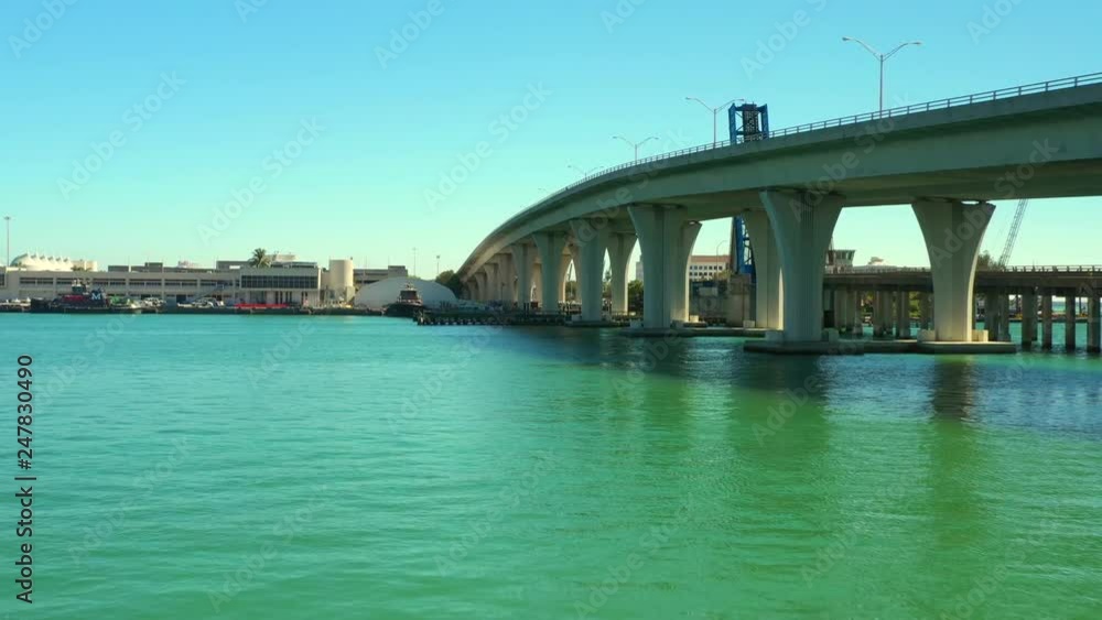 Port Miami bridge seen from boat under in motion Port Miami bridge seen from boat under in motion