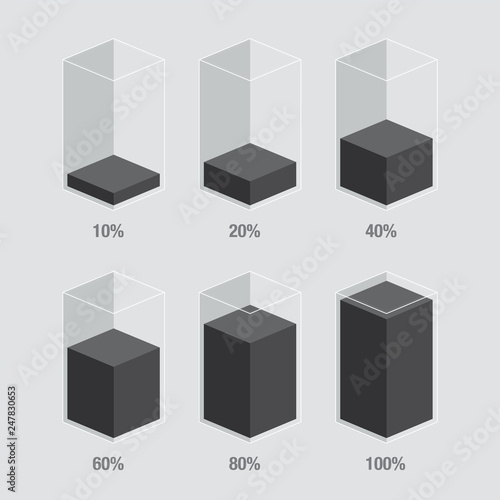 Black liquid / fuel histogram glass charts 10% to 100%. Flat design infocharts / infographics template with text, vector eps 10 app ui ux web banner isolated on white background