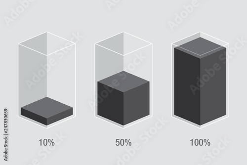 Black liquid / fuel histogram glass charts, 10% 50% 100% . Flat design infocharts / infographics template with text, vector eps 10 app ui ux web banner isolated on white background