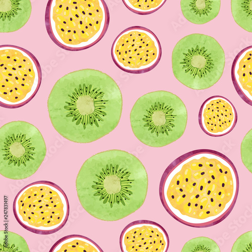 Seamless tropical fruit pattern with kiwi and passion fruit slices.