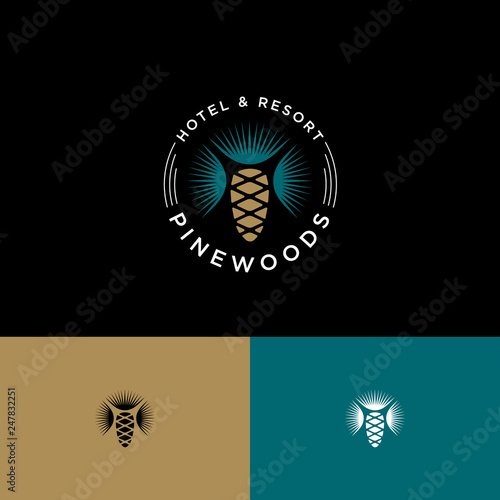 Pine Forest logo. Hotel and resort. Pine cone and needles in a circle with letters. Monochrome option.