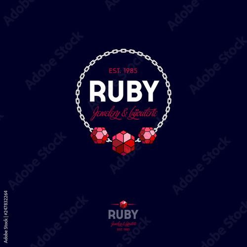 Ruby logo. Red crystals and chain with letters. Premium jewelry emblem.