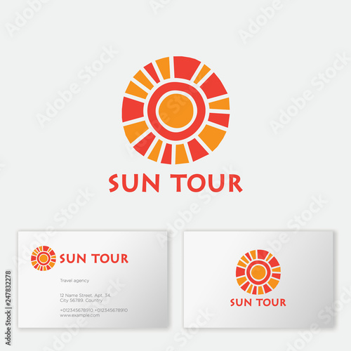 Travel agency logo. Sun Tour tourism agency emblem. The sun, like mosaic, and letters. Identity. Business card.