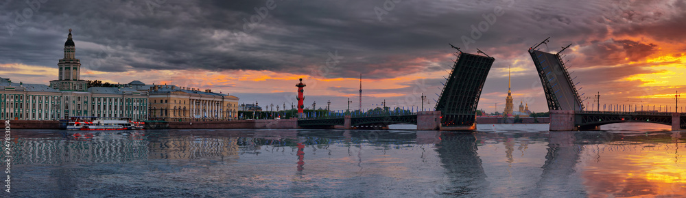 Fototapeta Panorama of dawn over the Neva river and Palace bridge in St. Petersburg
