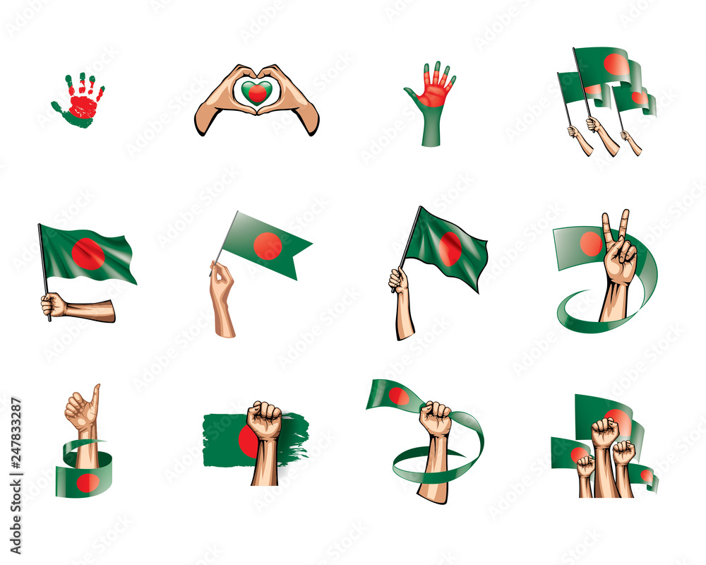 Bangladesh flag and hand on white background. Vector illustration